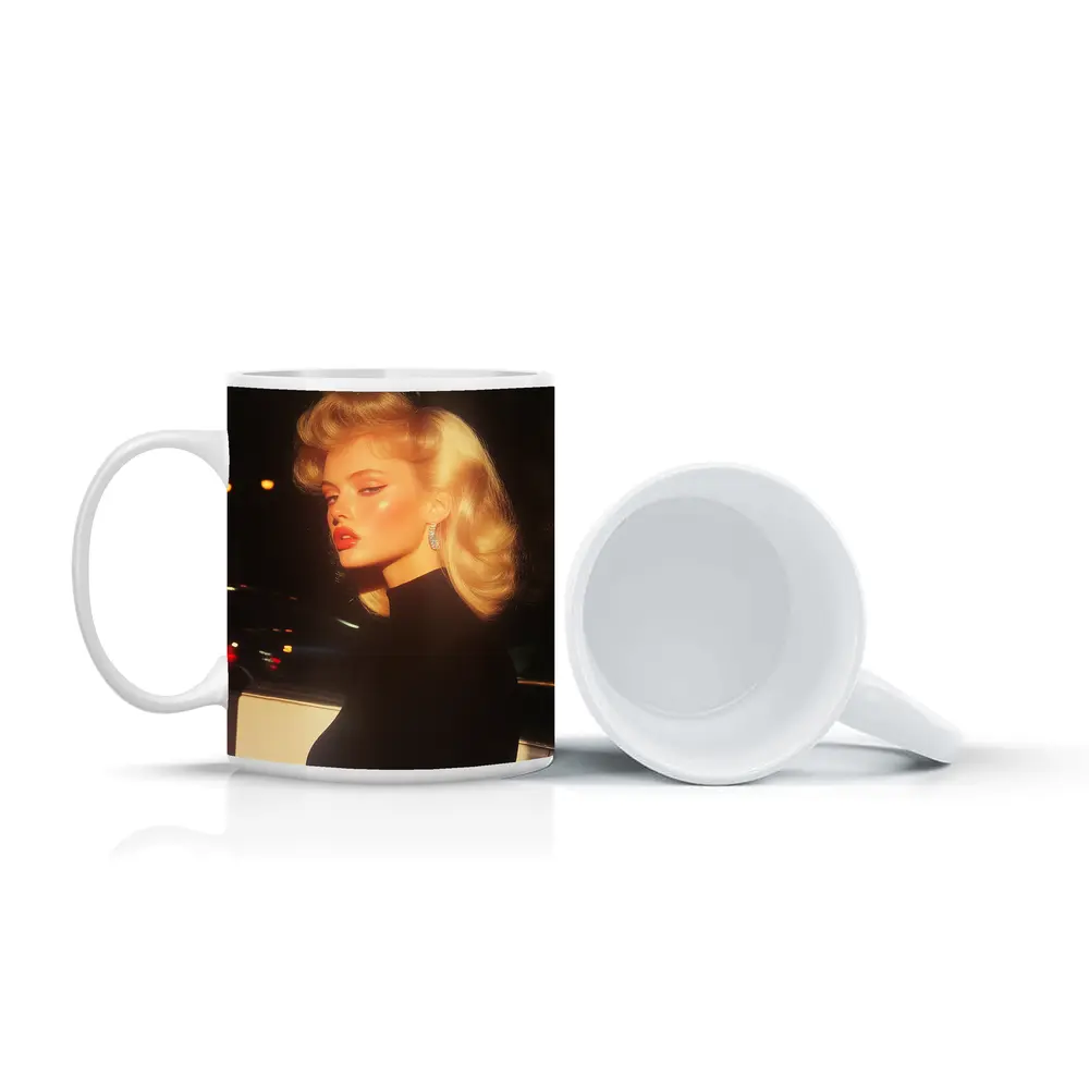 Blonde Woman Black Dress Night City – Mugs