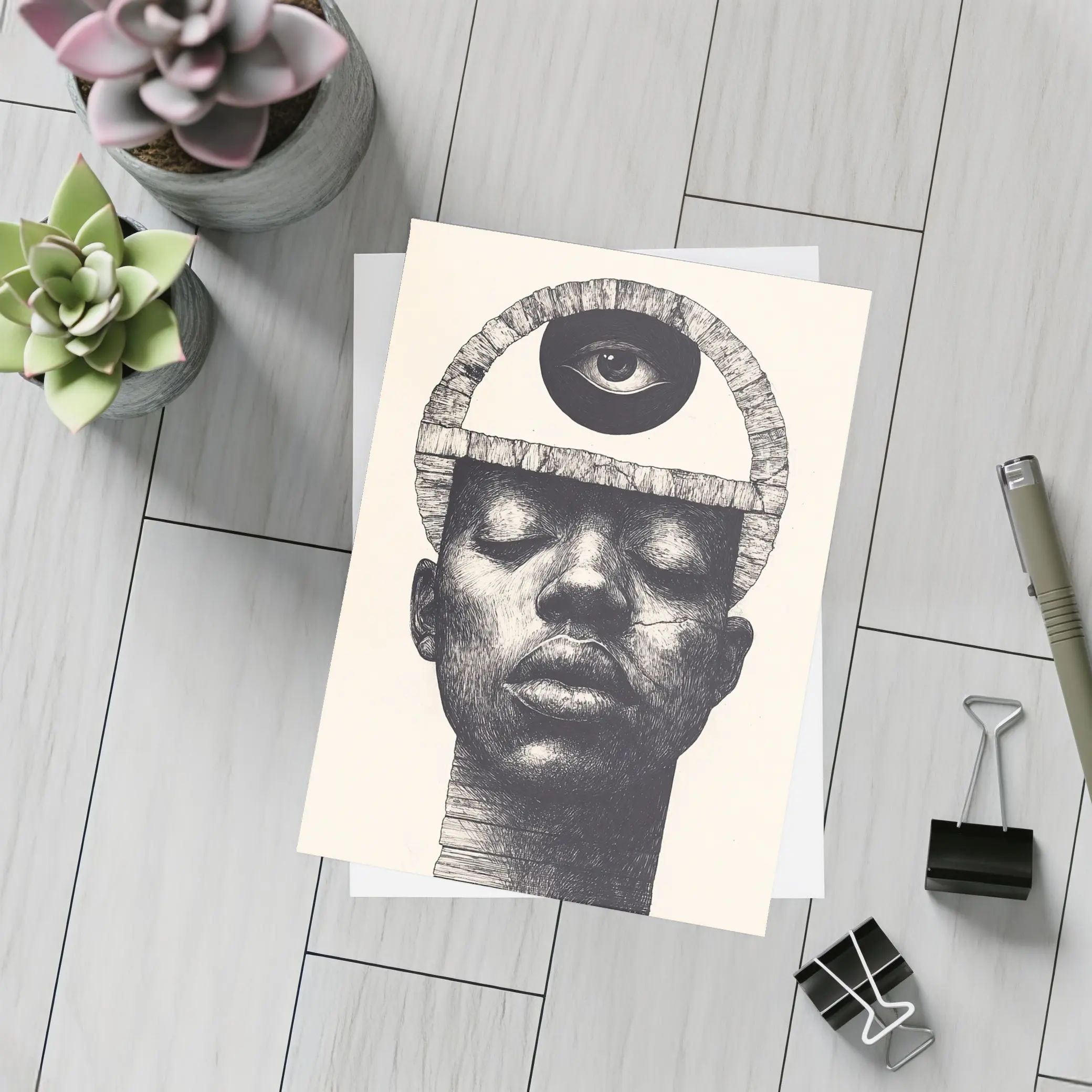 Third Eye Portrait Black White Surreal Art – Postcards
