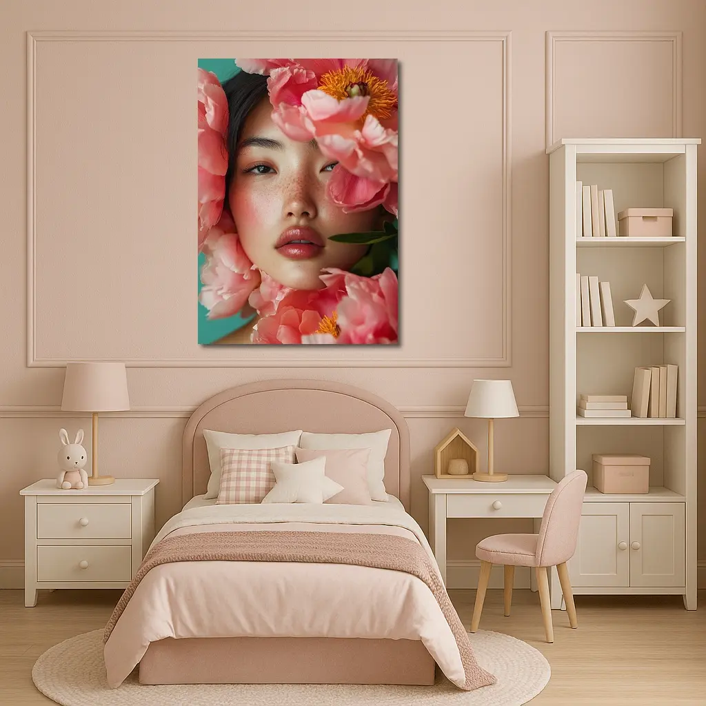 Asian Woman Portrait Surrounded By Pink Peonies – Wall Art