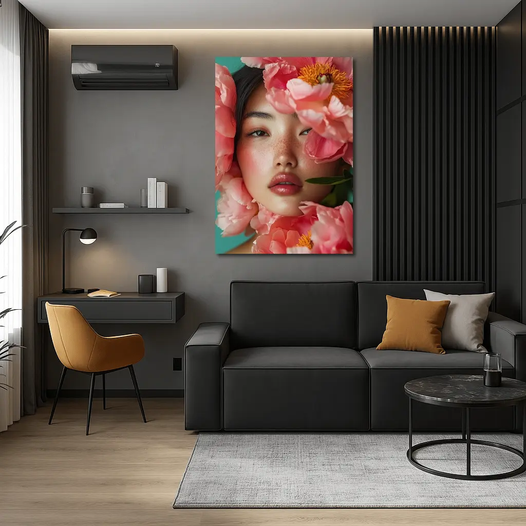 Asian Woman Portrait Surrounded By Pink Peonies – Wall Art