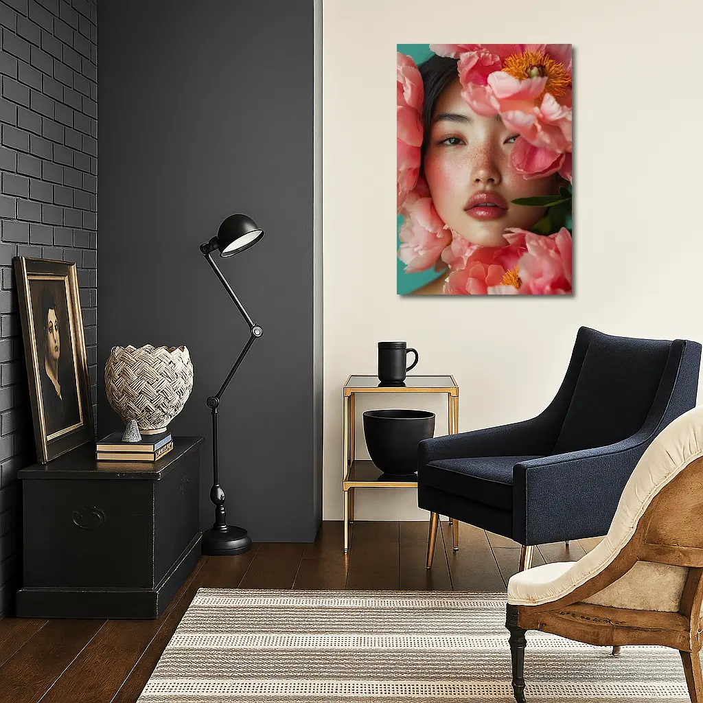 Asian Woman Portrait Surrounded By Pink Peonies – Wall Art