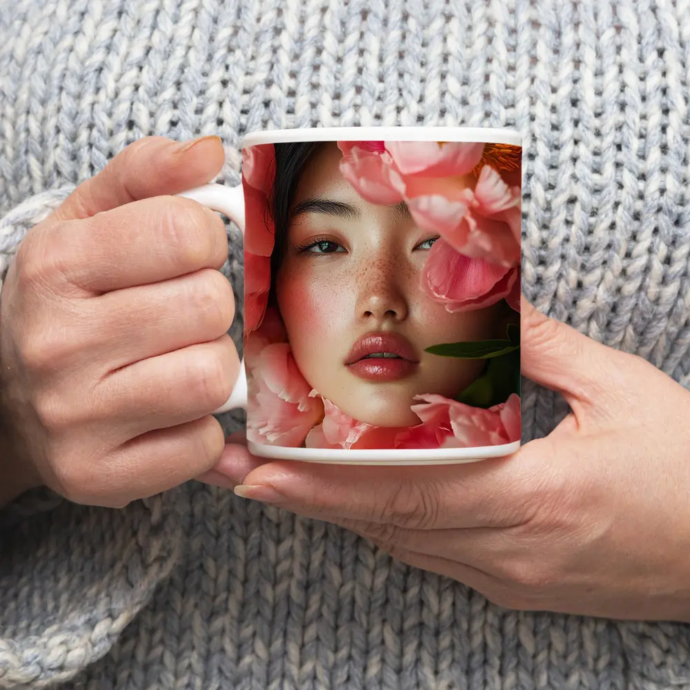 Asian Woman Portrait Surrounded By Pink Peonies – Mugs