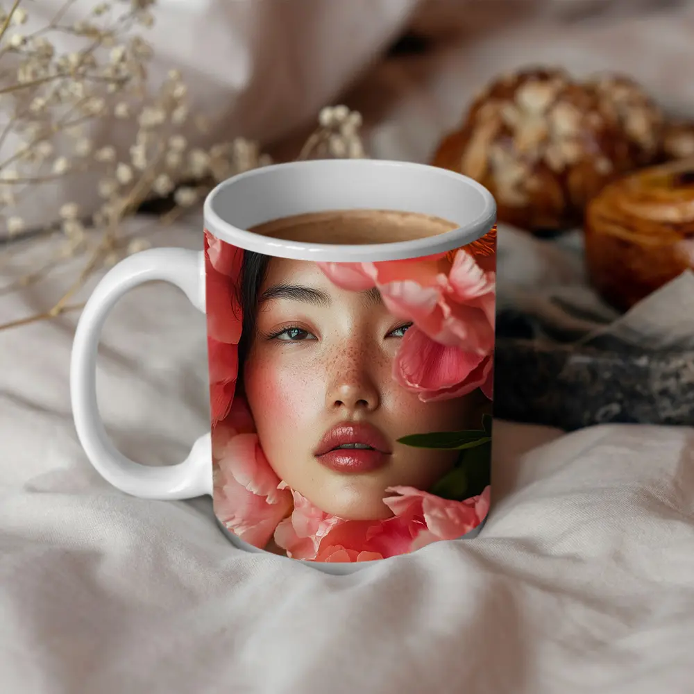 Asian Woman Portrait Surrounded By Pink Peonies – Mugs