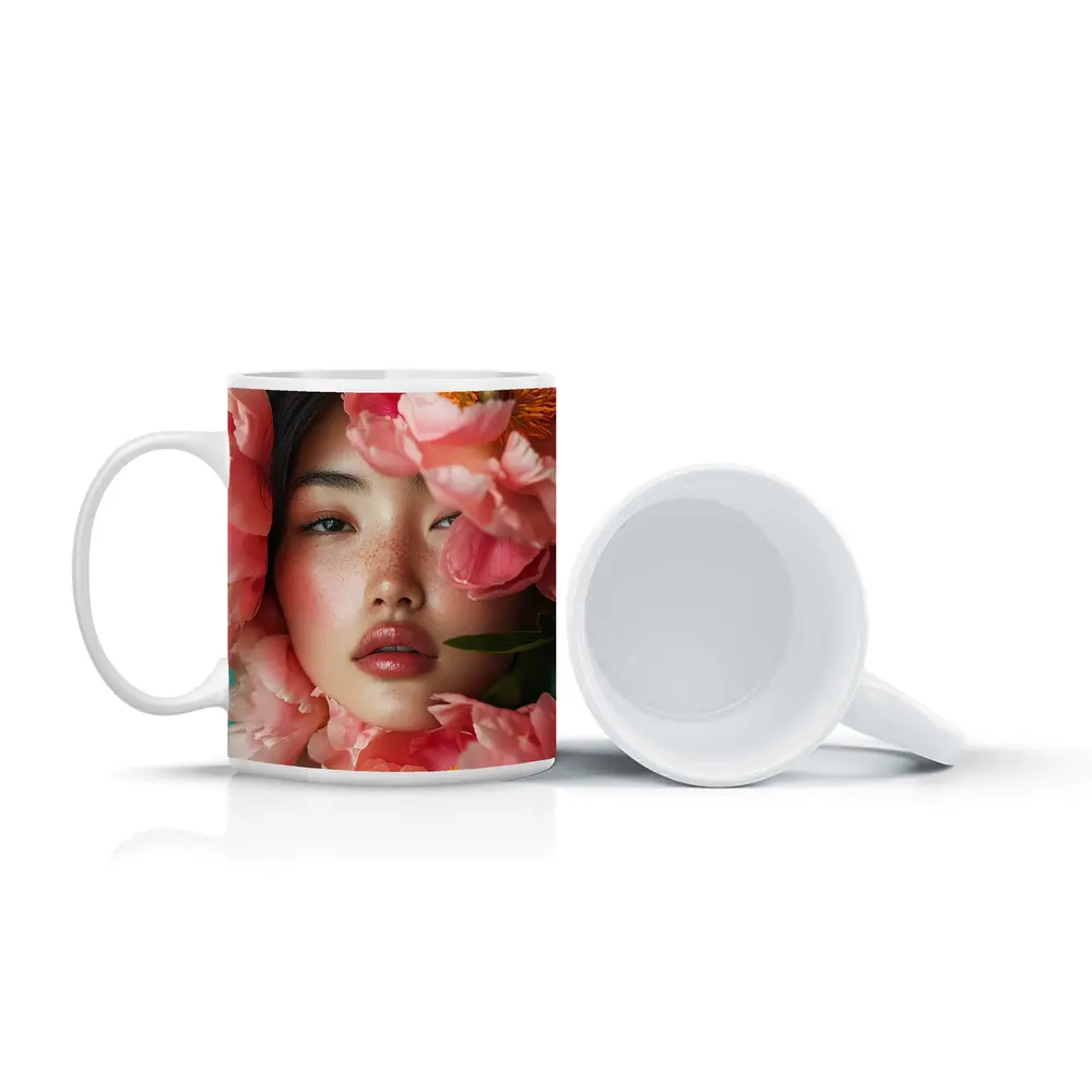 Asian Woman Portrait Surrounded By Pink Peonies – Mugs