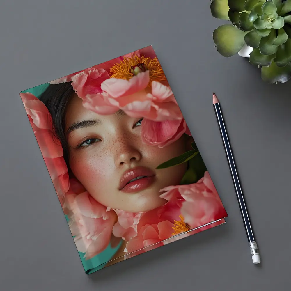 Asian Woman Portrait Surrounded By Pink Peonies – Notebooks