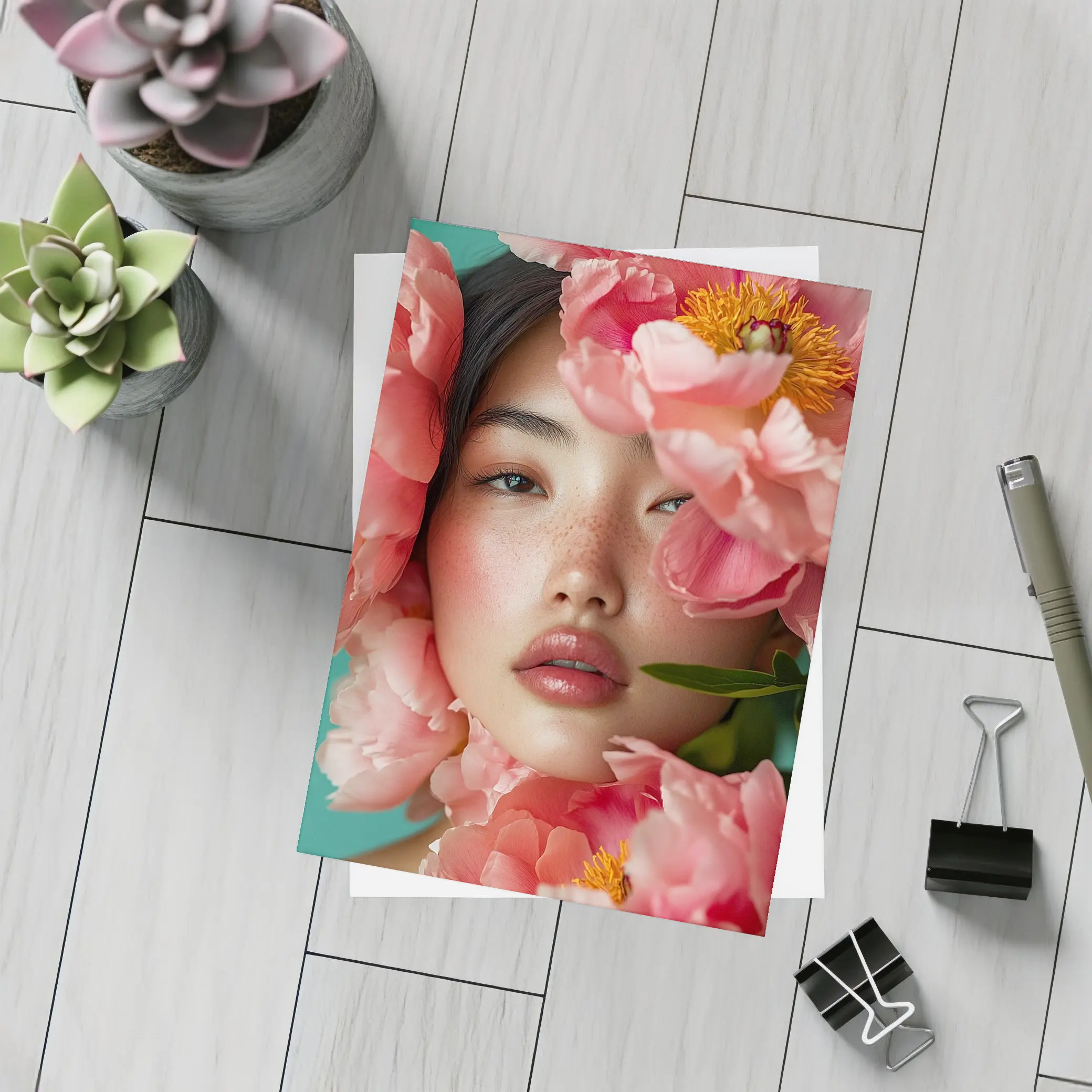 Asian Woman Portrait Surrounded By Pink Peonies – Postcards