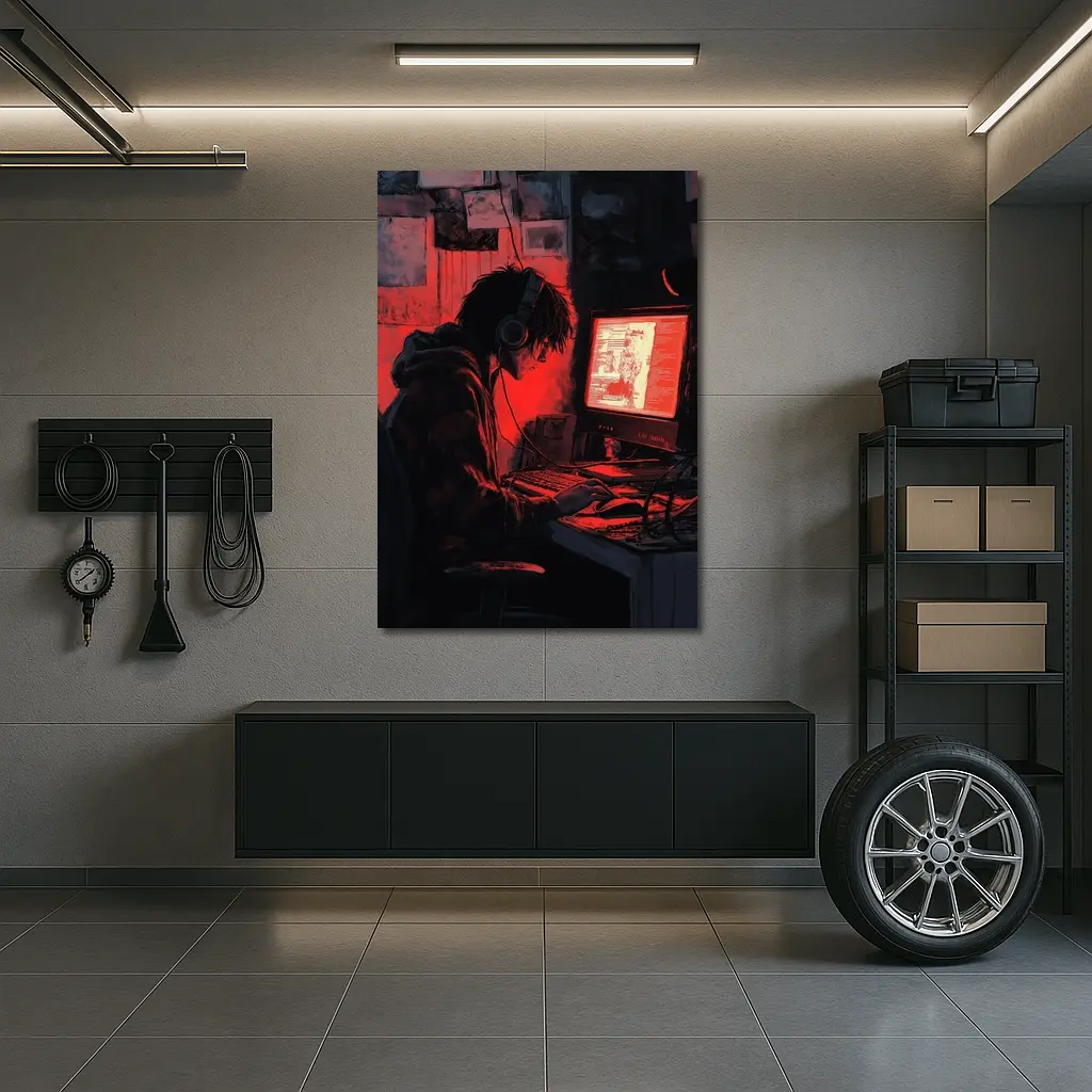Hacker At Computer Red Glow Dark – Wall Art