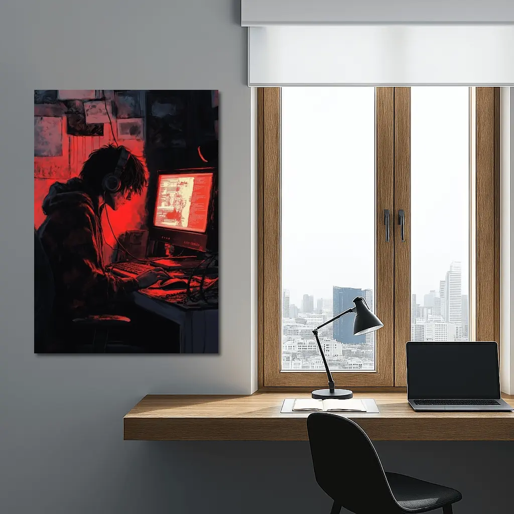 Hacker At Computer Red Glow Dark – Wall Art