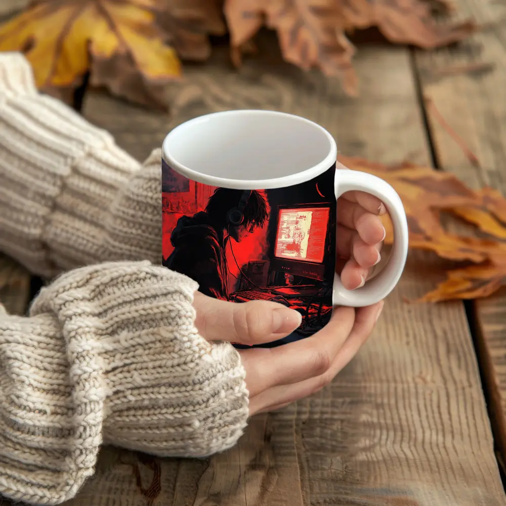 Hacker At Computer Red Glow Dark – Mugs