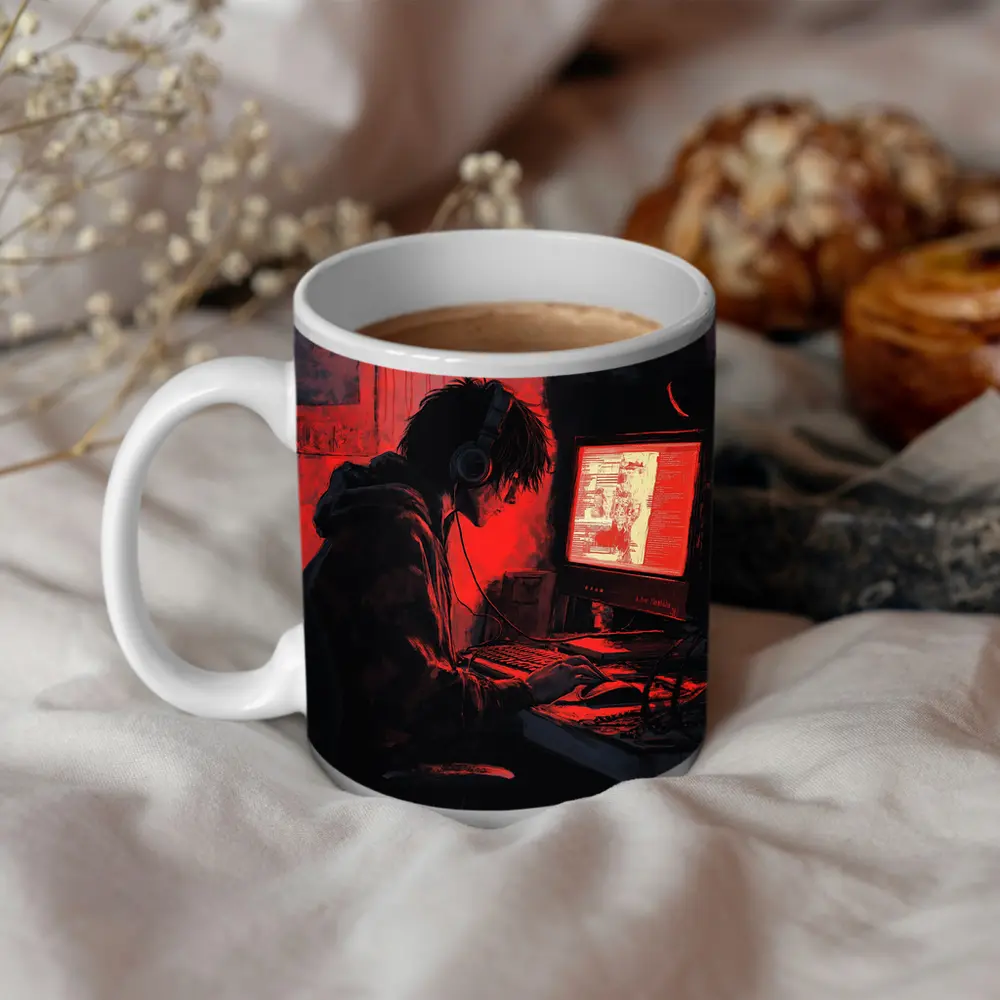 Hacker At Computer Red Glow Dark – Mugs