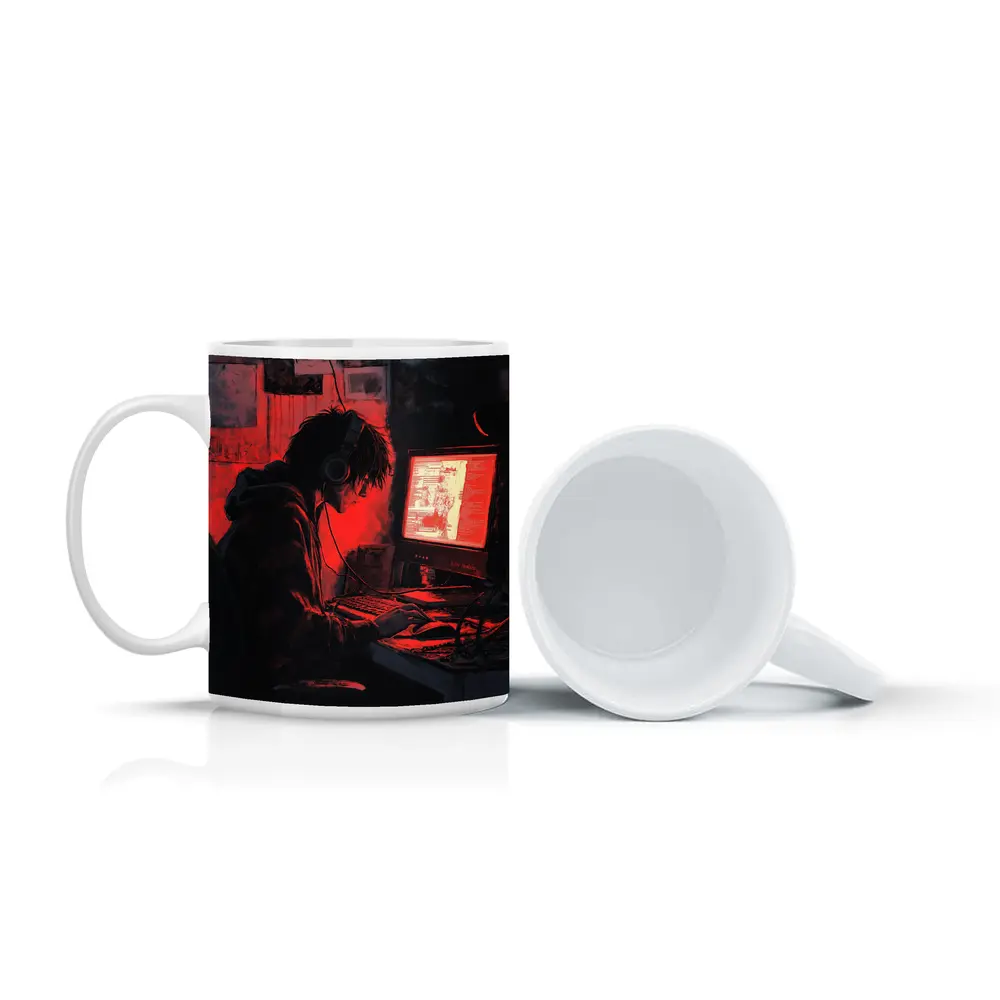 Hacker At Computer Red Glow Dark – Mugs