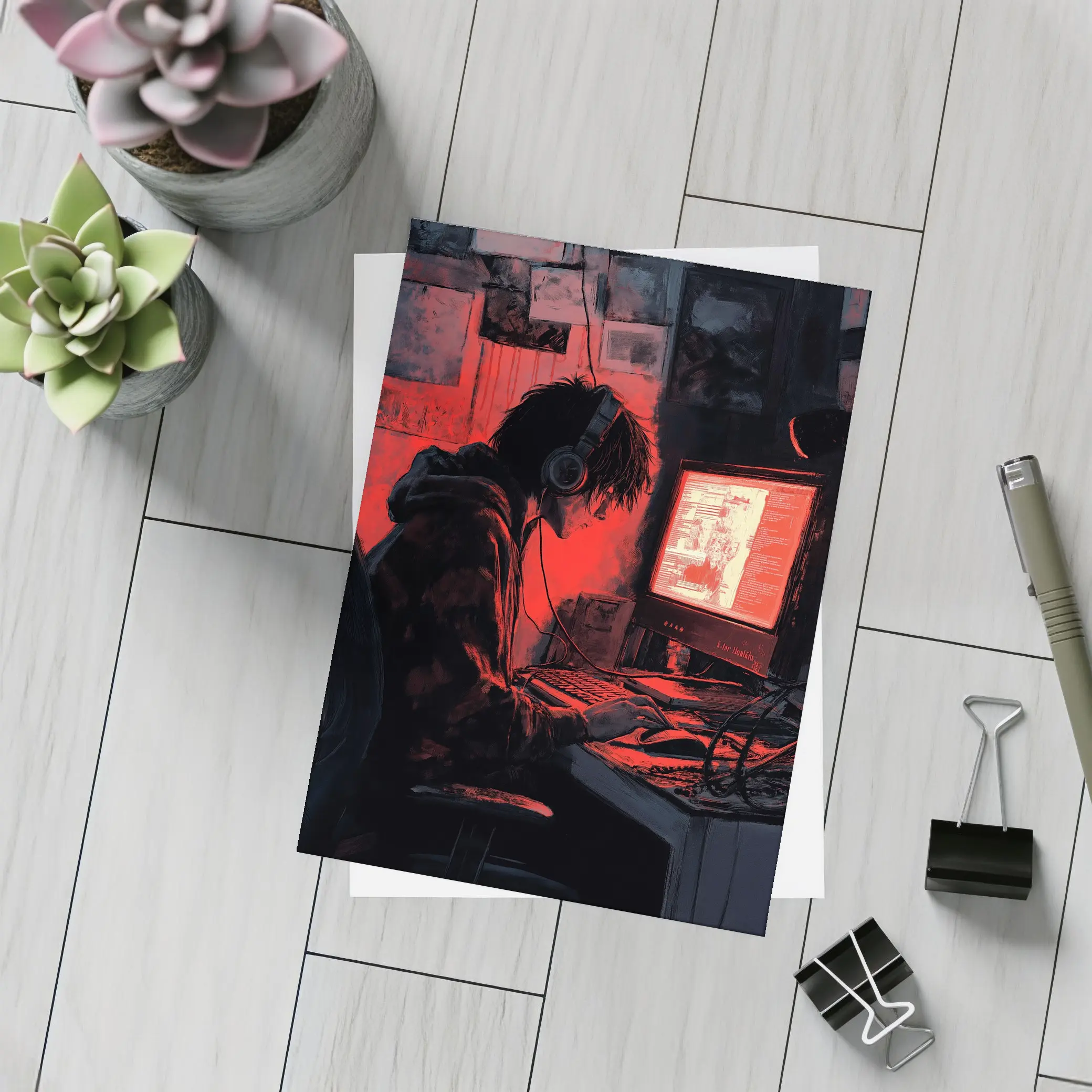 Hacker At Computer Red Glow Dark – Postcards