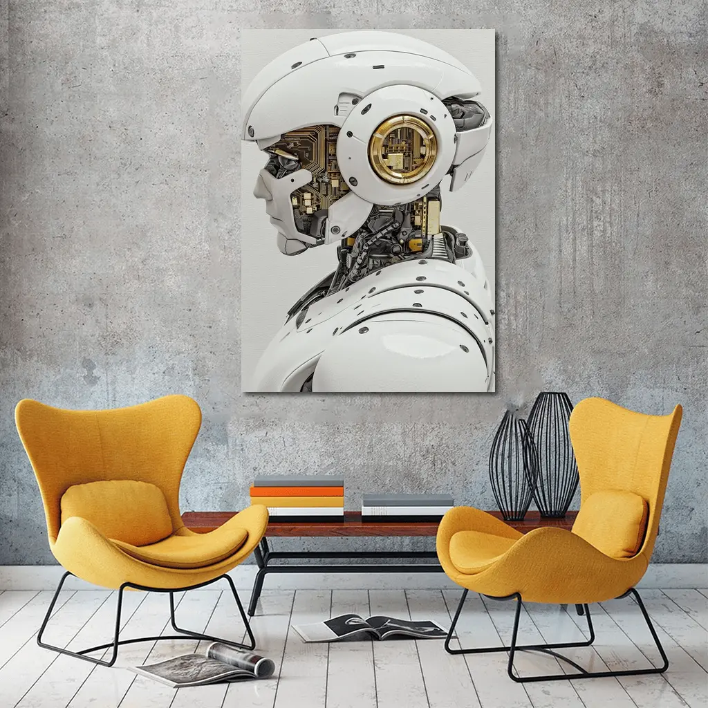 White Gold Robot Head Profile Side View – Wall Art