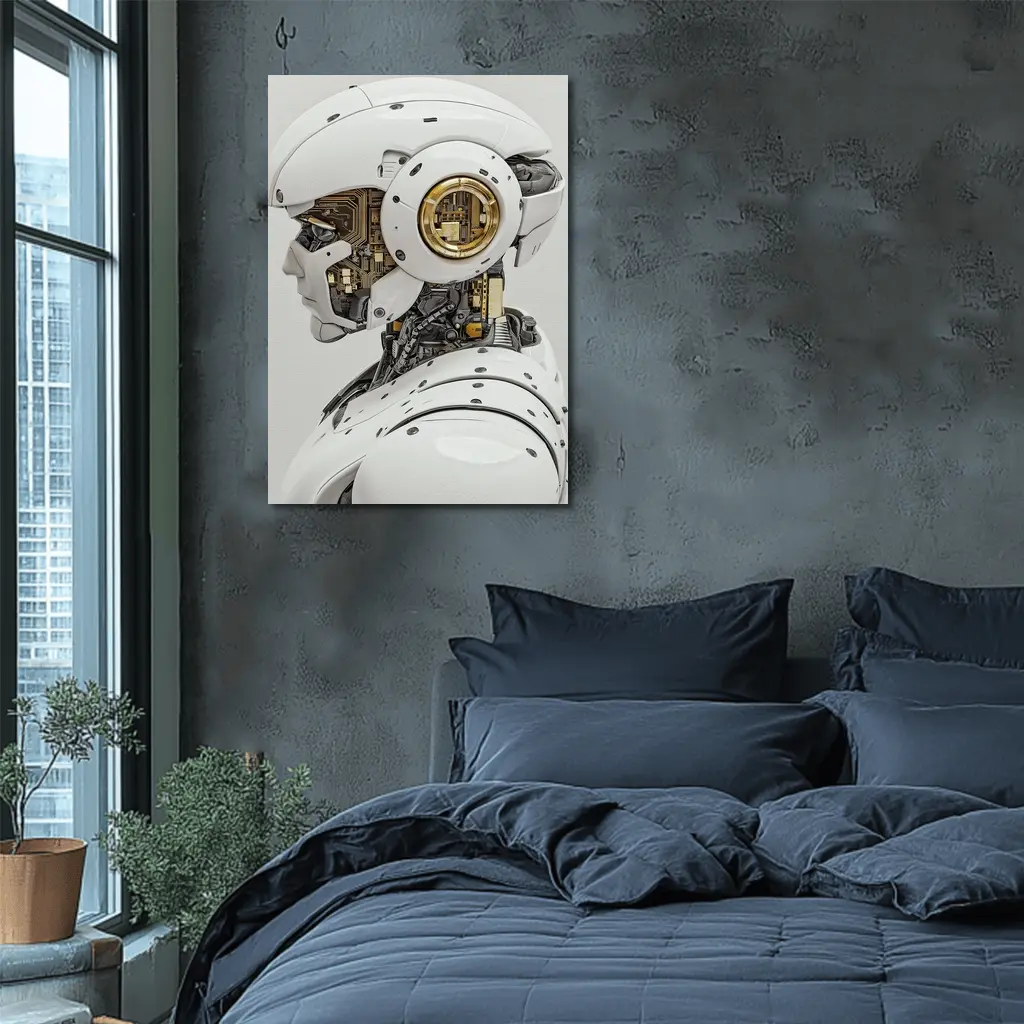 White Gold Robot Head Profile Side View – Wall Art