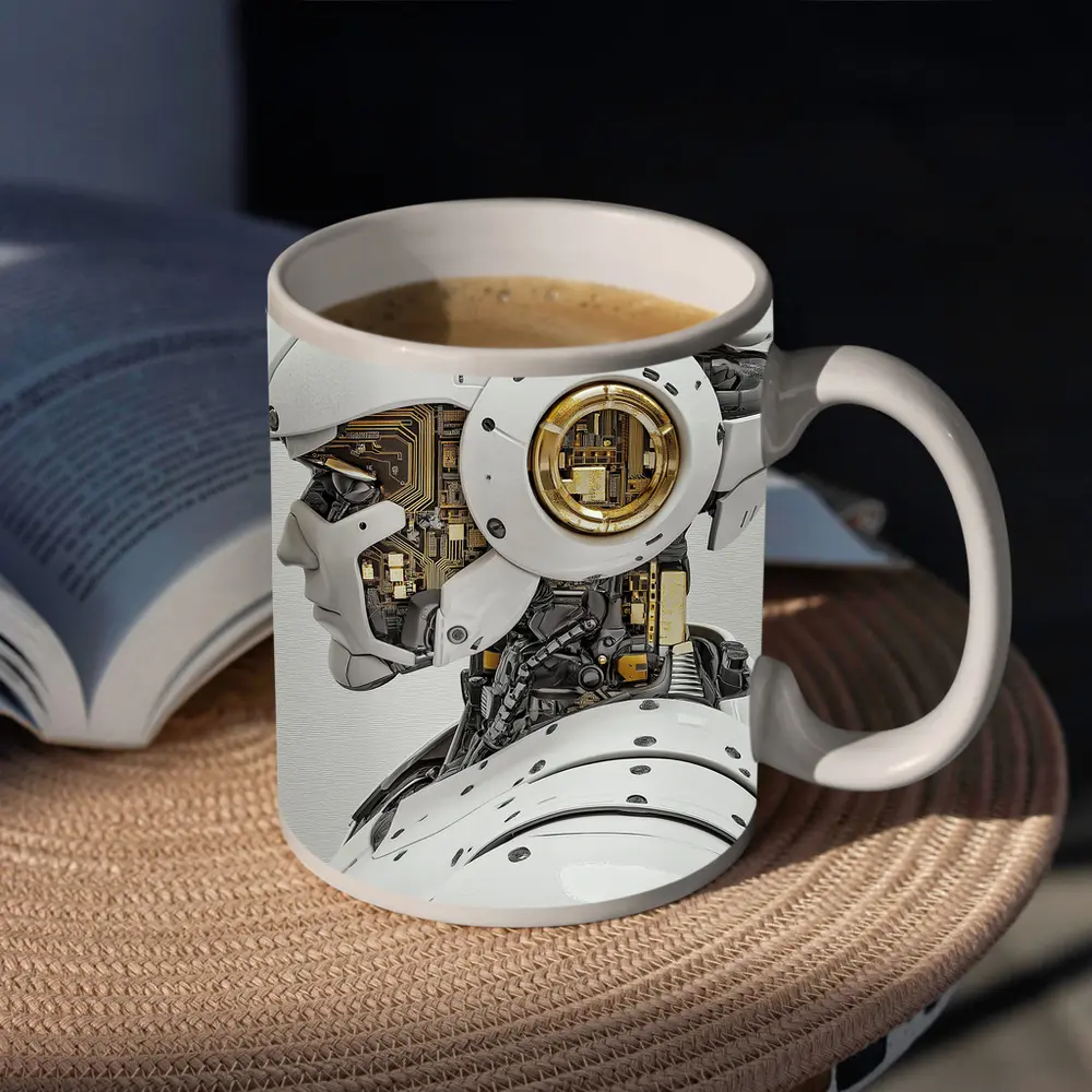 White Gold Robot Head Profile Side View – Mugs