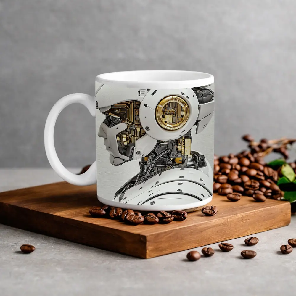 White Gold Robot Head Profile Side View – Mugs