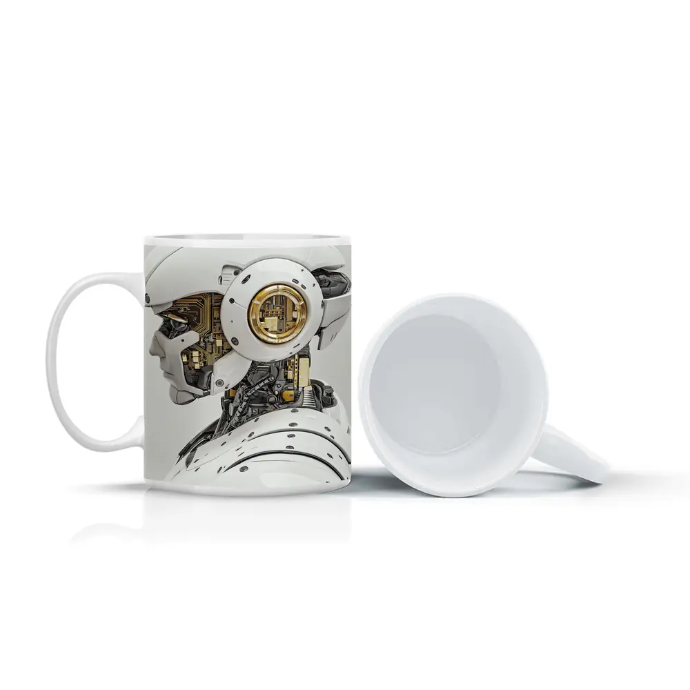 White Gold Robot Head Profile Side View – Mugs