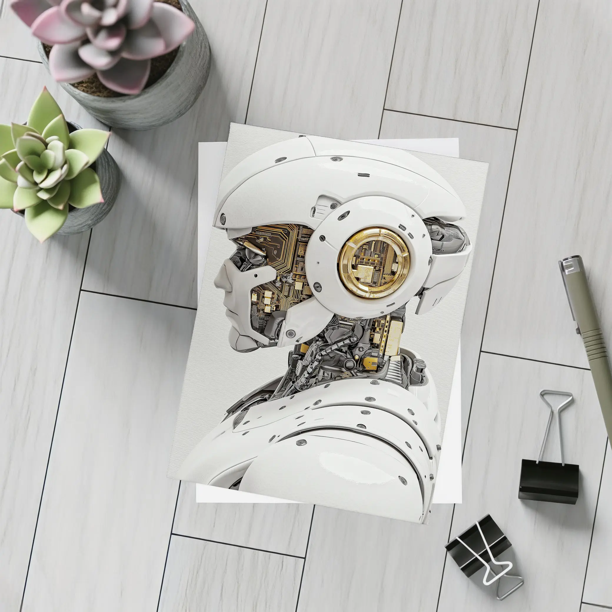 White Gold Robot Head Profile Side View – Postcards