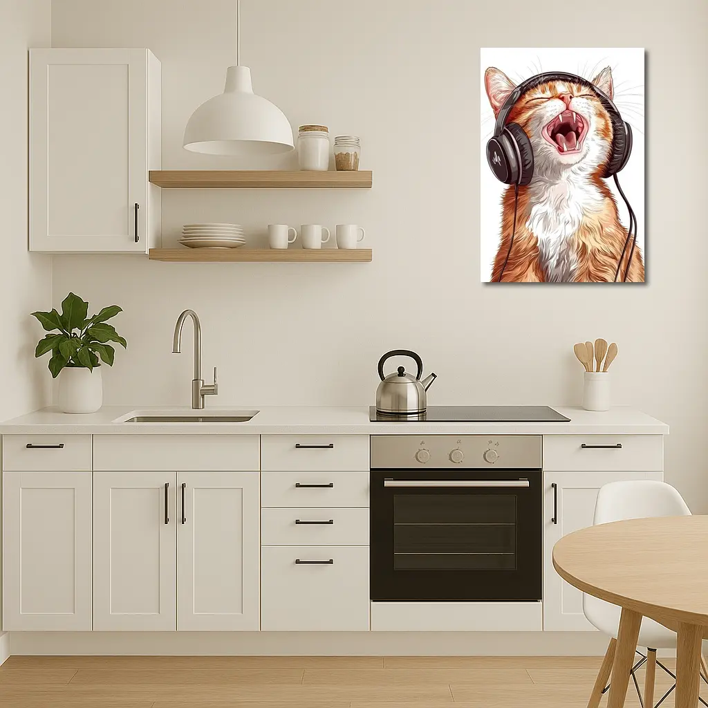 Orange Tabby Cat Singing With Headphones – Wall Art