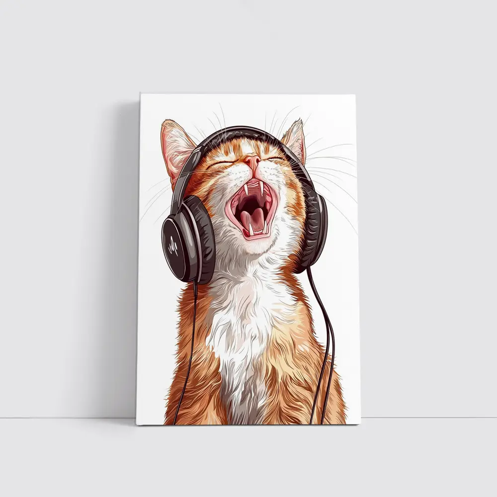Orange Tabby Cat Singing With Headphones – Wall Art