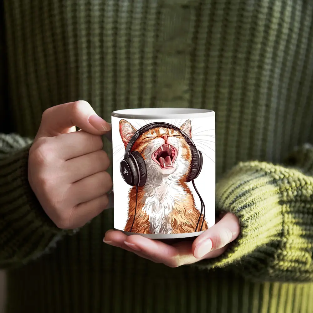 Orange Tabby Cat Singing With Headphones – Mugs