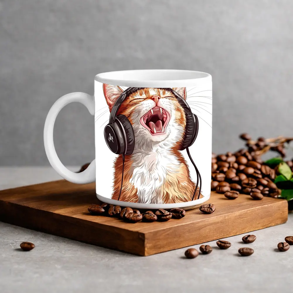 Orange Tabby Cat Singing With Headphones – Mugs