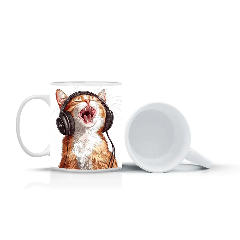 Orange Tabby Cat Singing With Headphones – Mugs