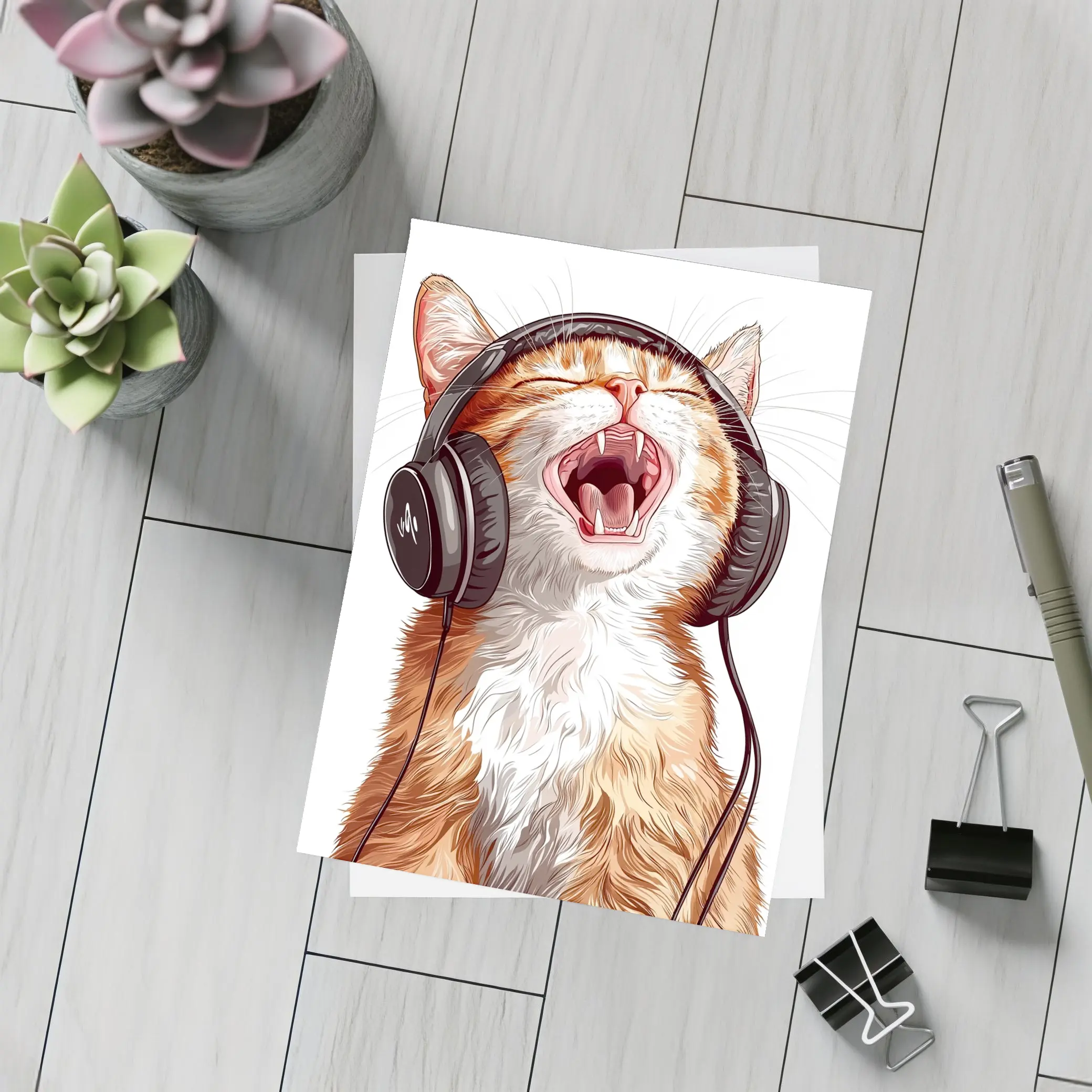 Orange Tabby Cat Singing With Headphones – Postcards