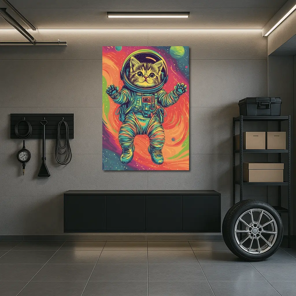 Kitten Astronaut Floating In Colorful Space – Wall Art