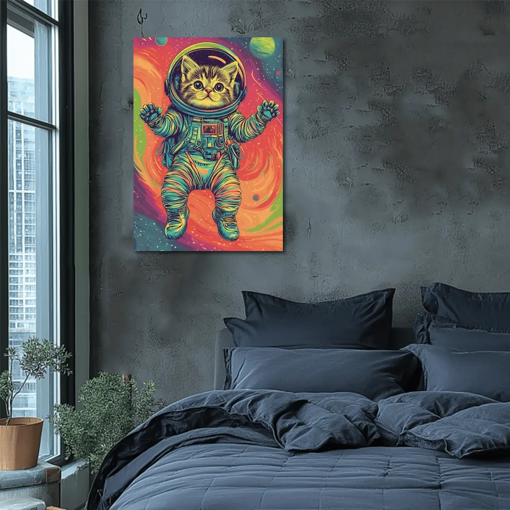 Kitten Astronaut Floating In Colorful Space – Wall Art