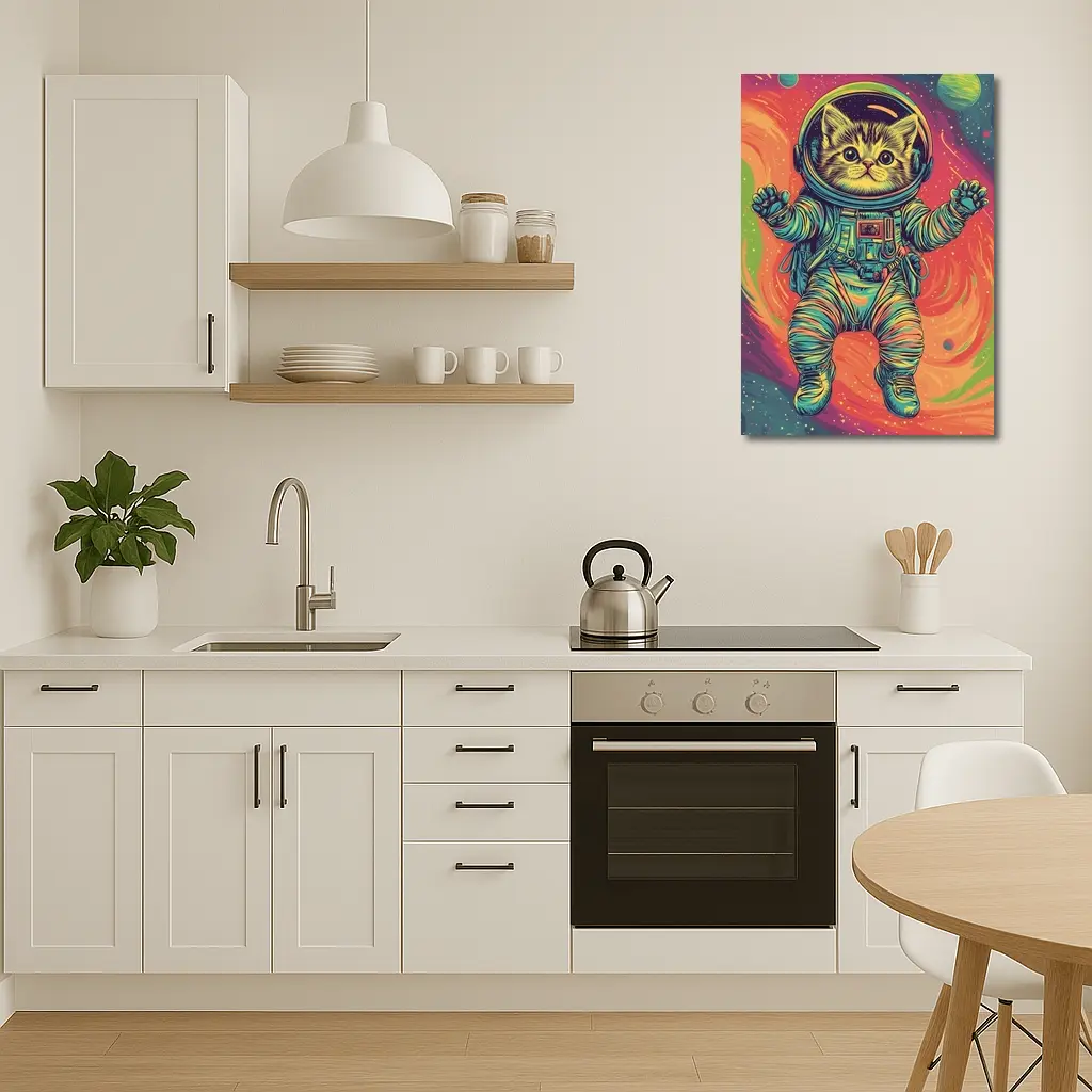Kitten Astronaut Floating In Colorful Space – Wall Art