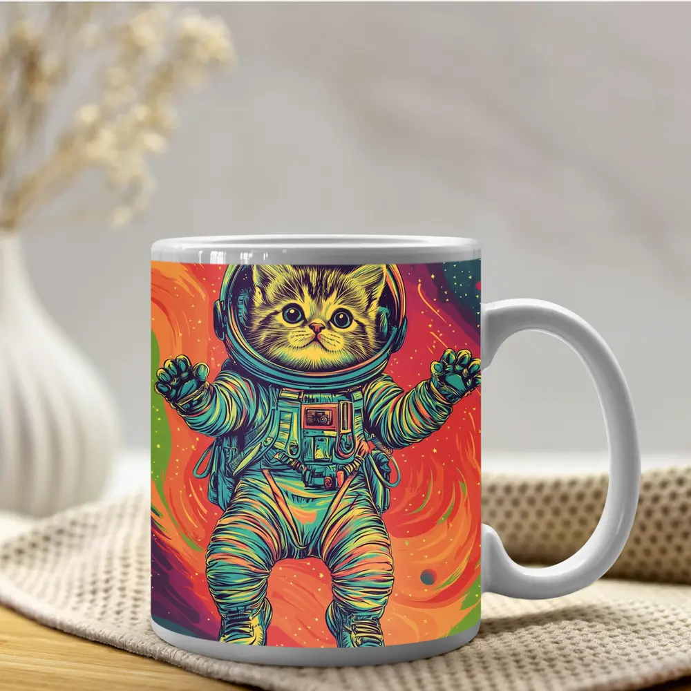 Kitten Astronaut Floating In Colorful Space – Mugs