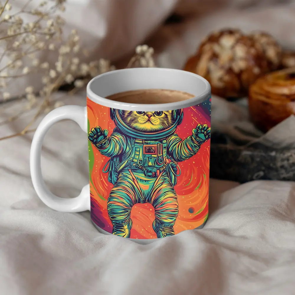 Kitten Astronaut Floating In Colorful Space – Mugs