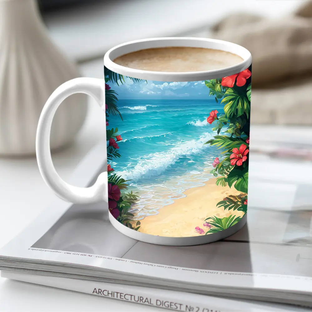 Tropical Beach Hibiscus Flowers Ocean View – Mugs