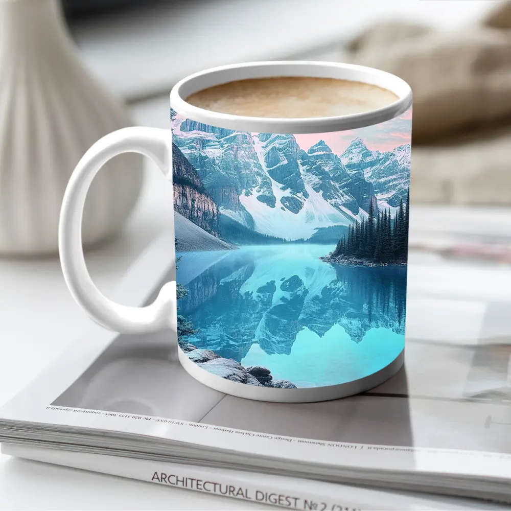 Snowy Mountain Lake Turquoise Reflection Forest – Mugs
