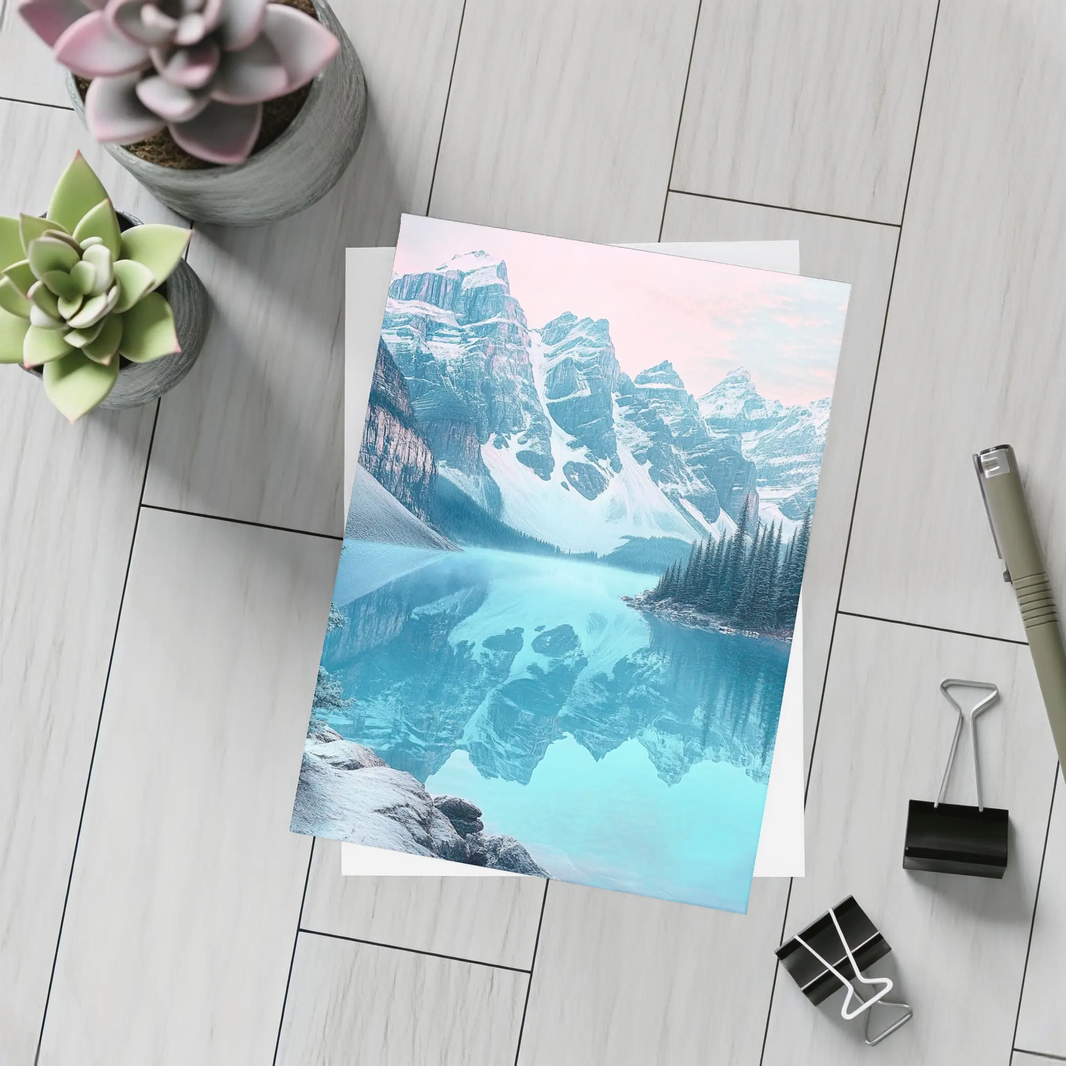 Snowy Mountain Lake Turquoise Reflection Forest – Postcards