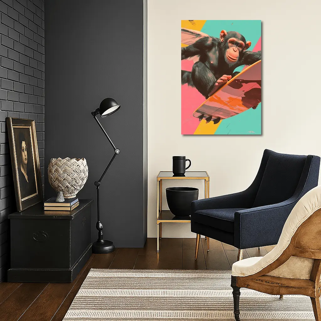 Surfing Chimpanzee Pop Art Colorful Background – Wall Art