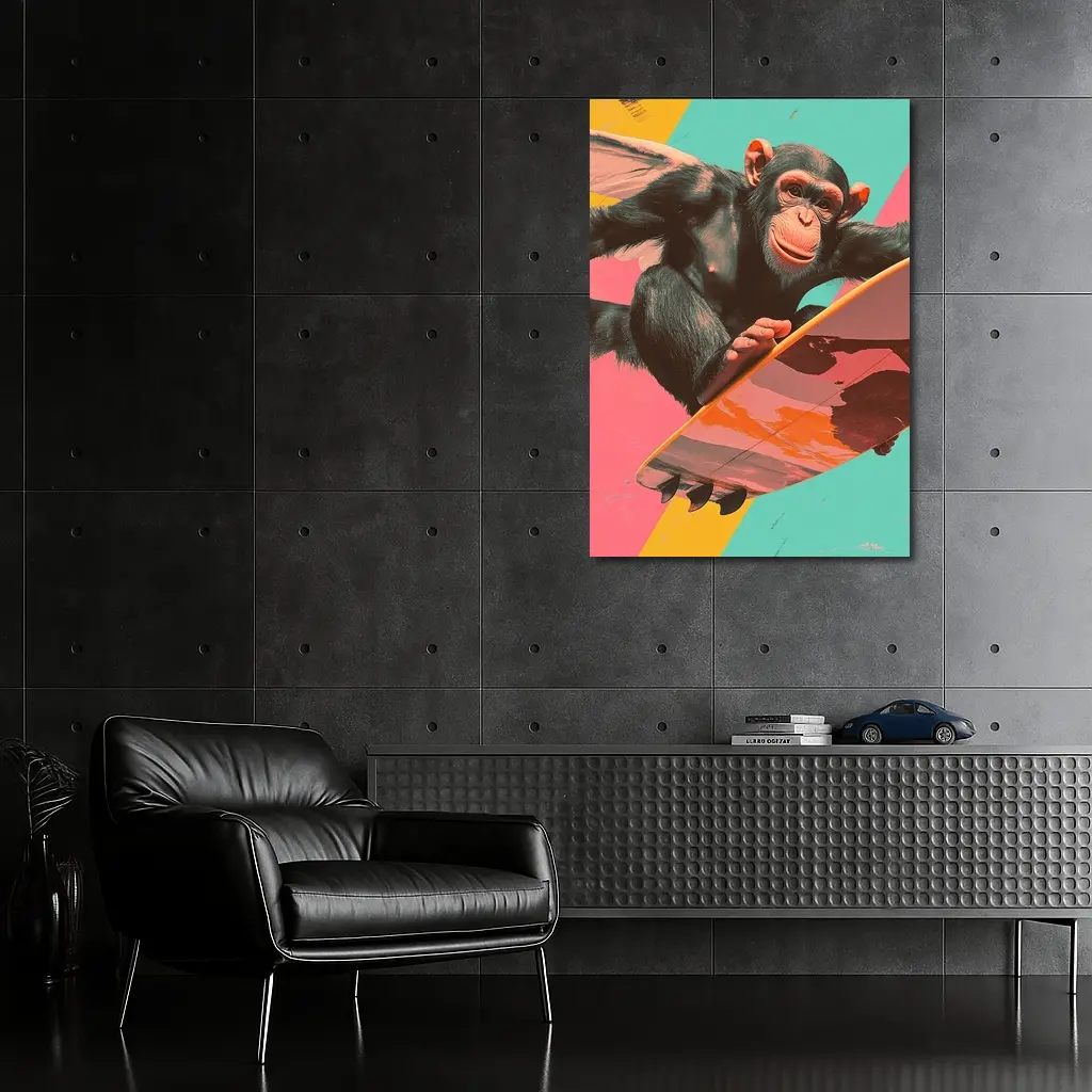 Surfing Chimpanzee Pop Art Colorful Background – Wall Art
