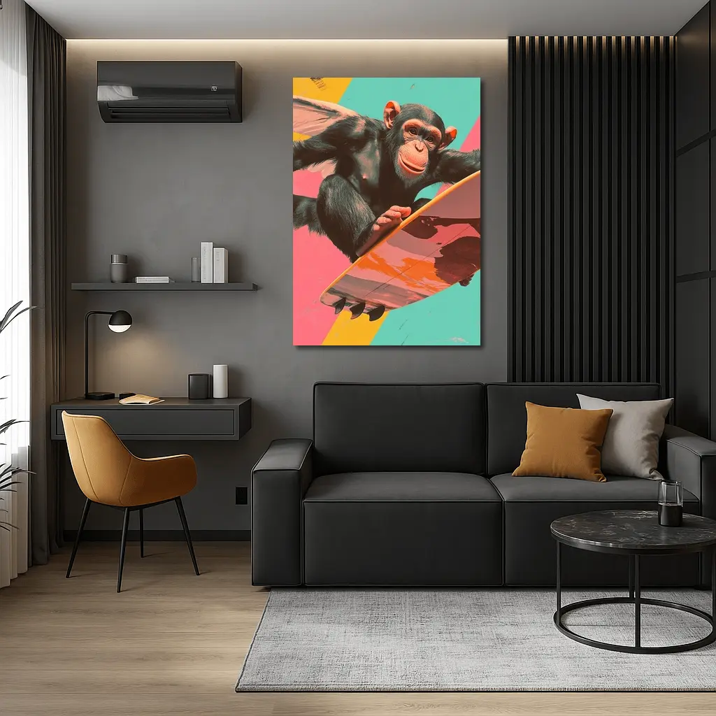 Surfing Chimpanzee Pop Art Colorful Background – Wall Art