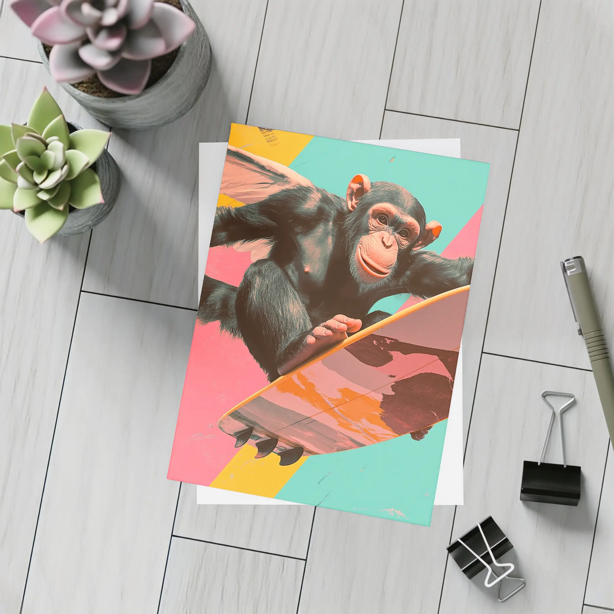 Surfing Chimpanzee Pop Art Colorful Background – Postcards
