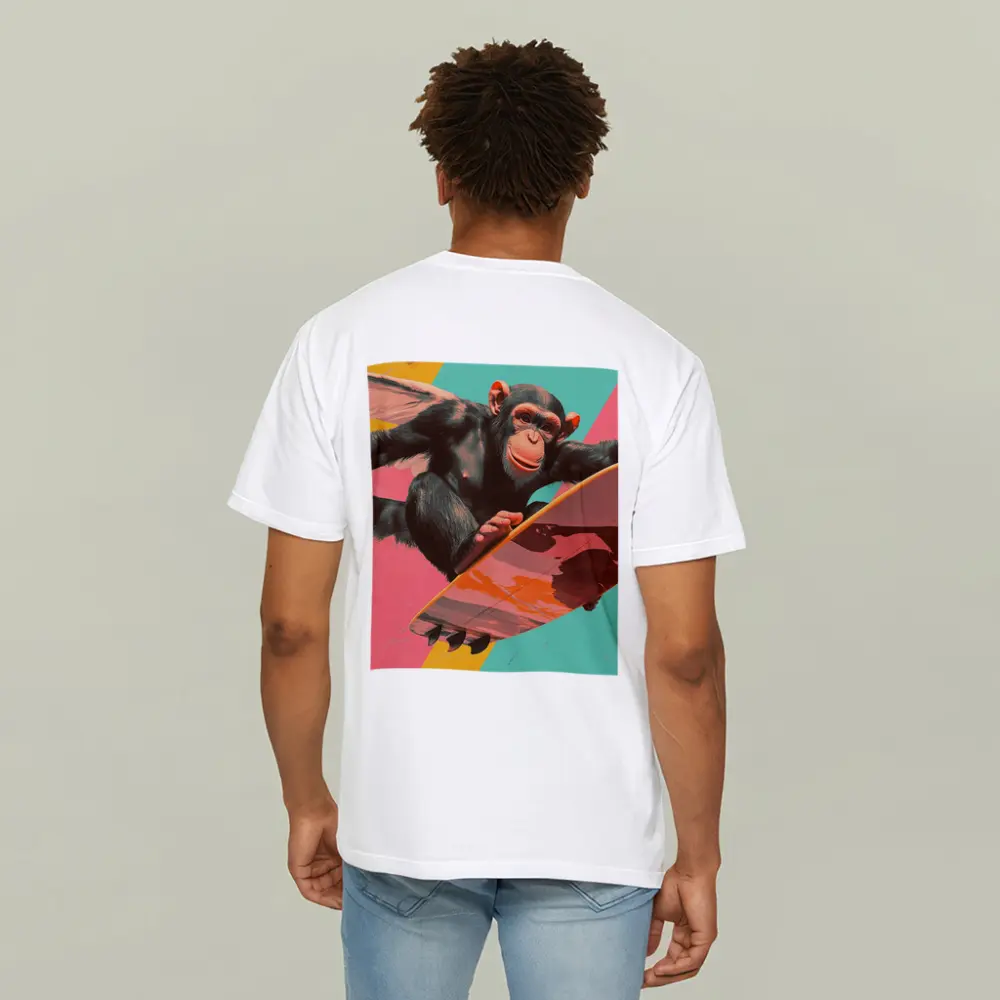 Surfing Chimpanzee Pop Art Colorful Background – T-Shirts