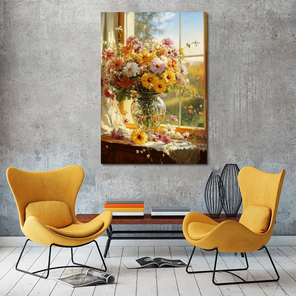 Colorful Wildflowers Glass Vase Sunny Window – Wall Art