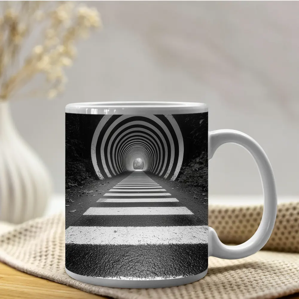 Black and White Striped Tunnel Forest Path – Mugs