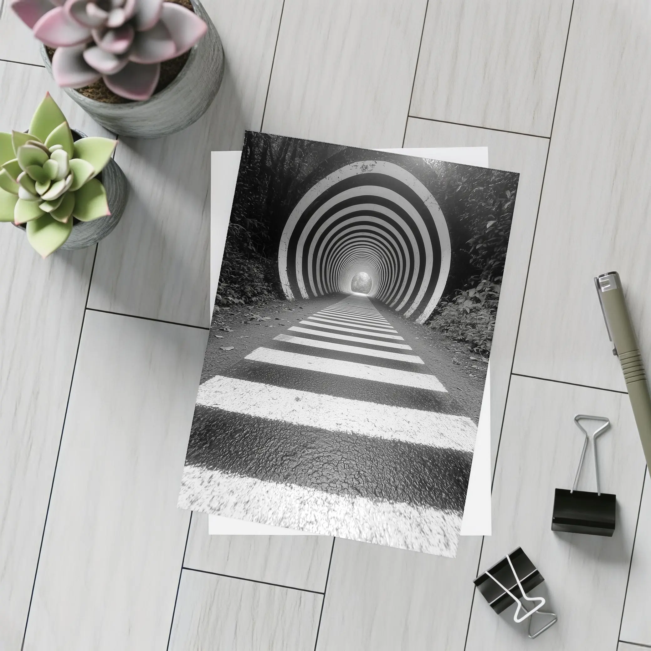 Black and White Striped Tunnel Forest Path – Postcards
