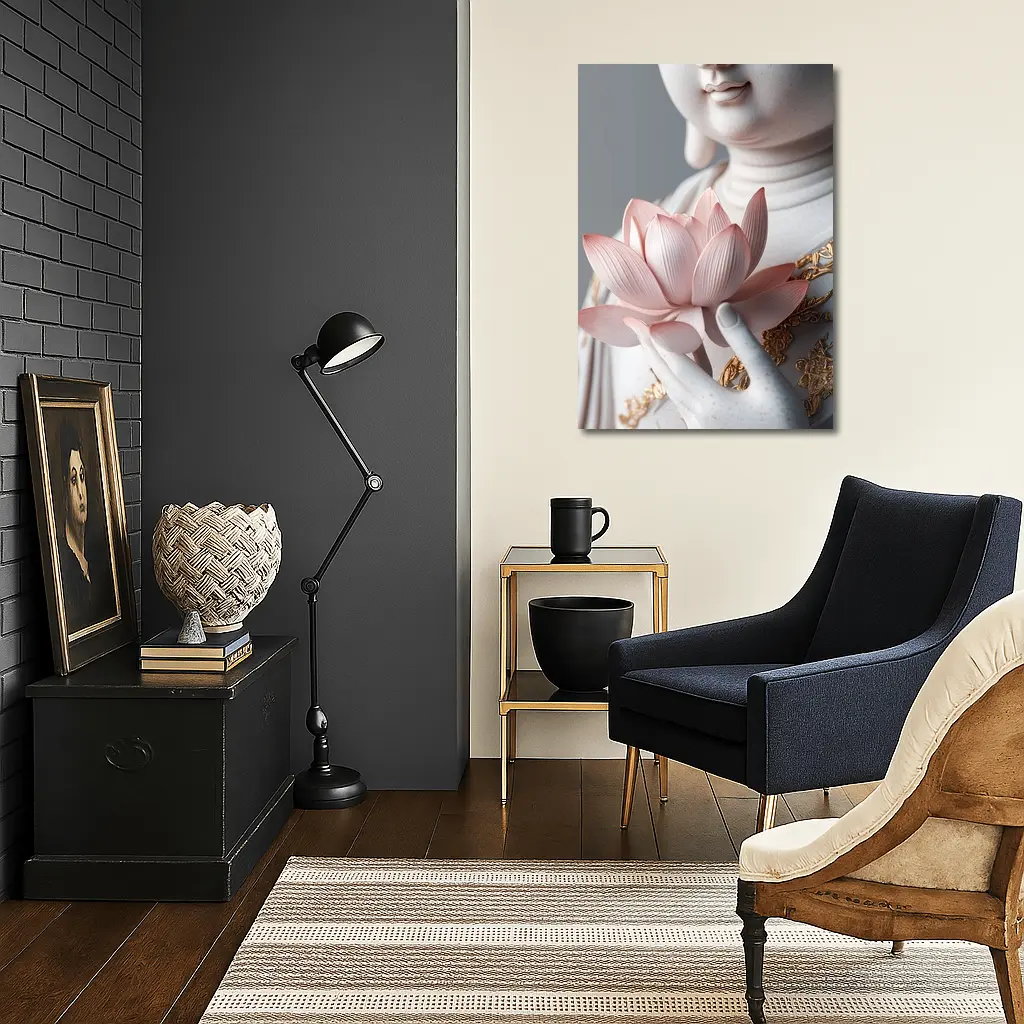 Guanyin Statue Holding Pink Lotus Flower – Wall Art