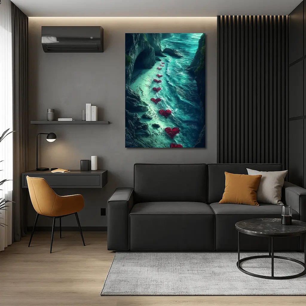 Red Hearts Trail Along Rocky Ocean Cove – Wall Art