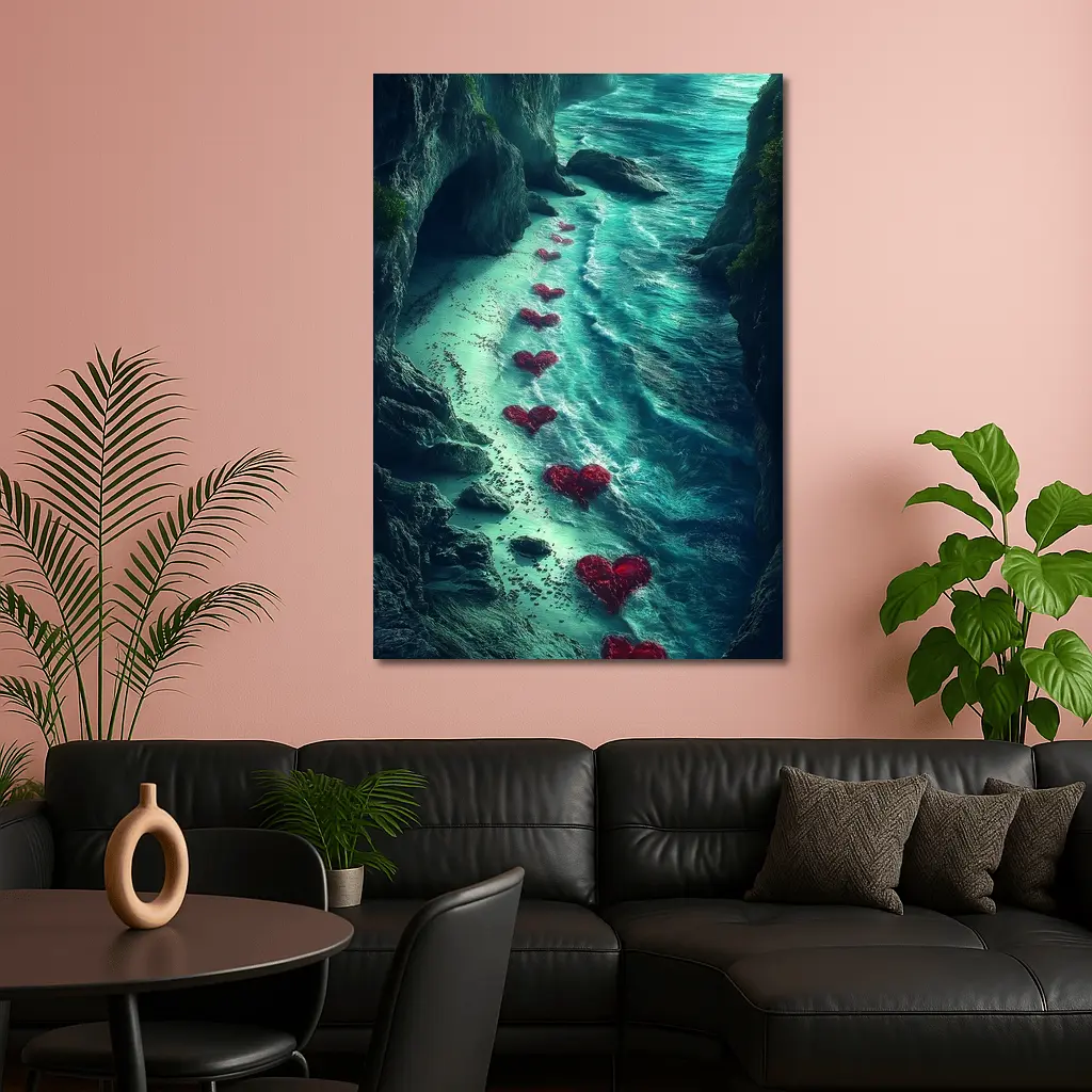 Red Hearts Trail Along Rocky Ocean Cove – Wall Art