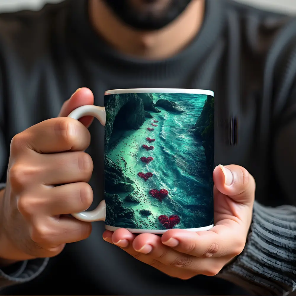 Red Hearts Trail Along Rocky Ocean Cove – Mugs