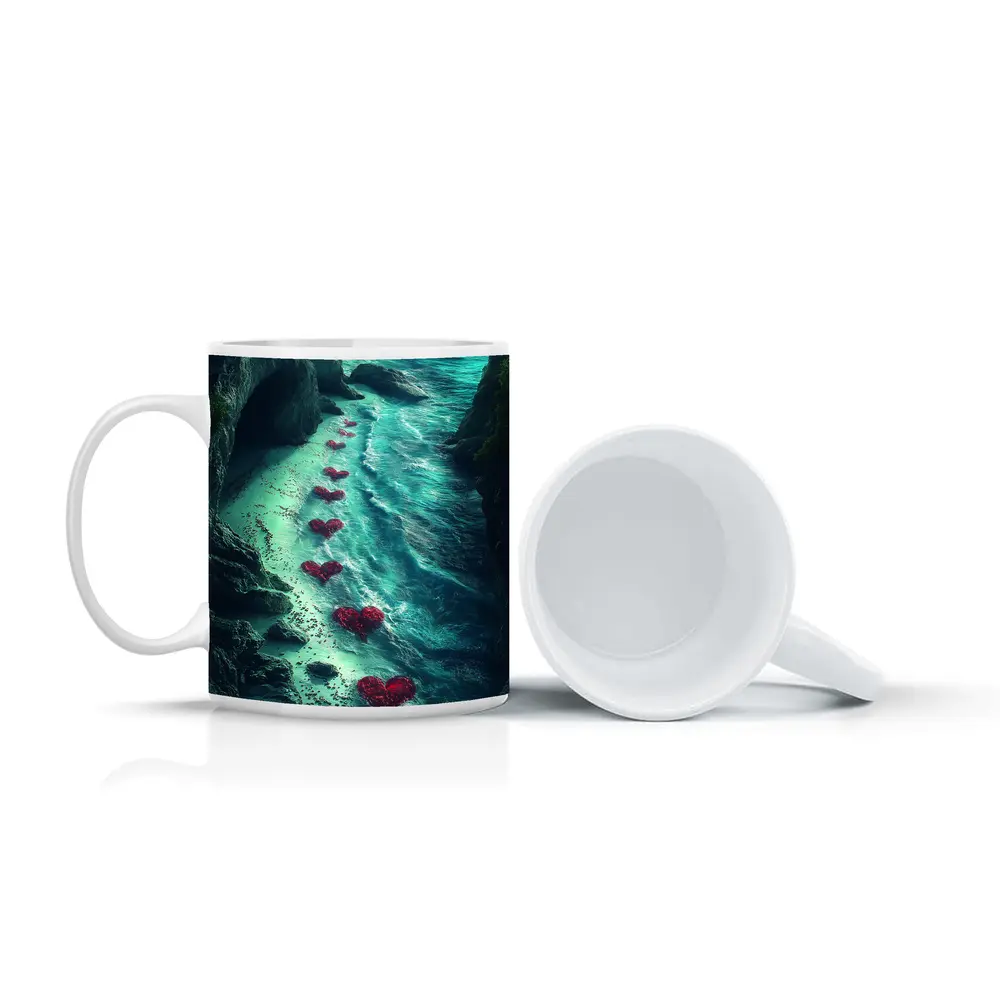 Red Hearts Trail Along Rocky Ocean Cove – Mugs