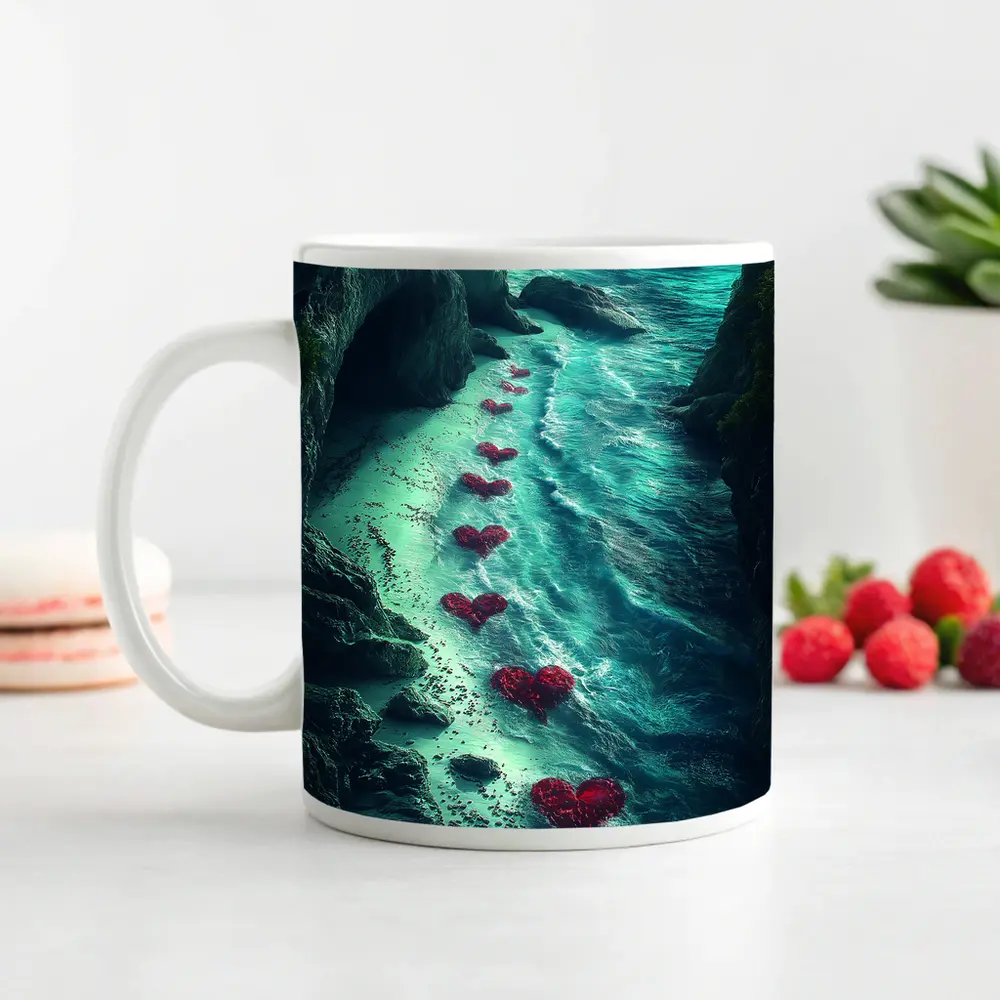 Red Hearts Trail Along Rocky Ocean Cove – Mugs